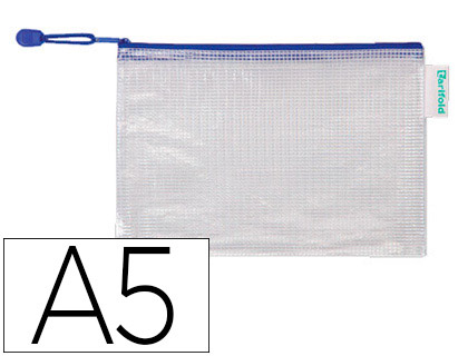 BOLSA MULTIUSOS TARIFOLD PVC DIN A5 APERTURA SUPERIOR CON CREMALLERA PORTABOLIGRAFO Y CORREA AZUL
