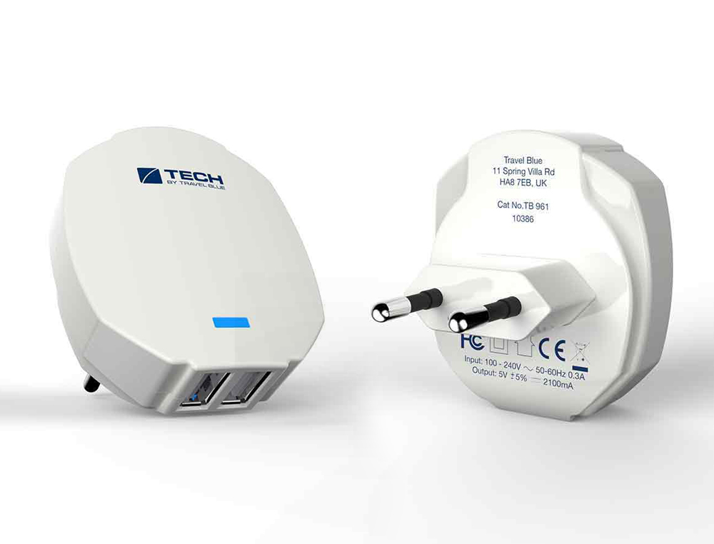 ADAPTADOR DE CORRIENTE TRAVEL BLUE EUROPA DE PARED DOBLE USB 2.1A COLOR BLANCO